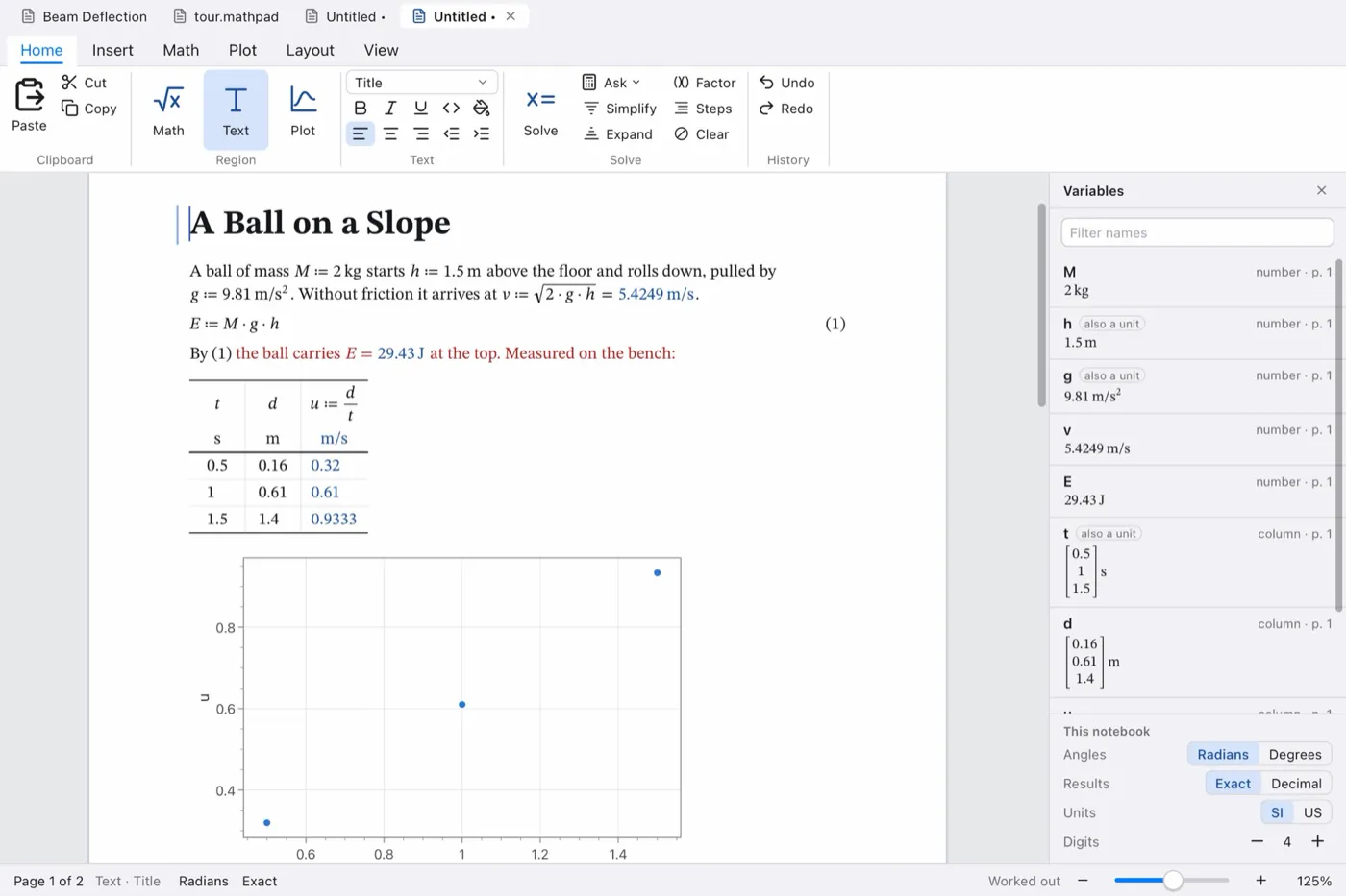 MathPad showing a worked notebook: a ball on a slope, with units, a table and a plot