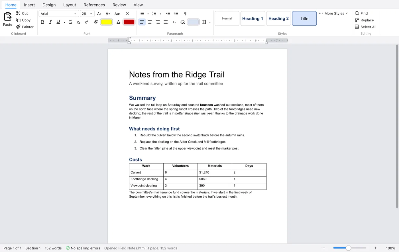 Quill showing a report with headings, a numbered list and a table