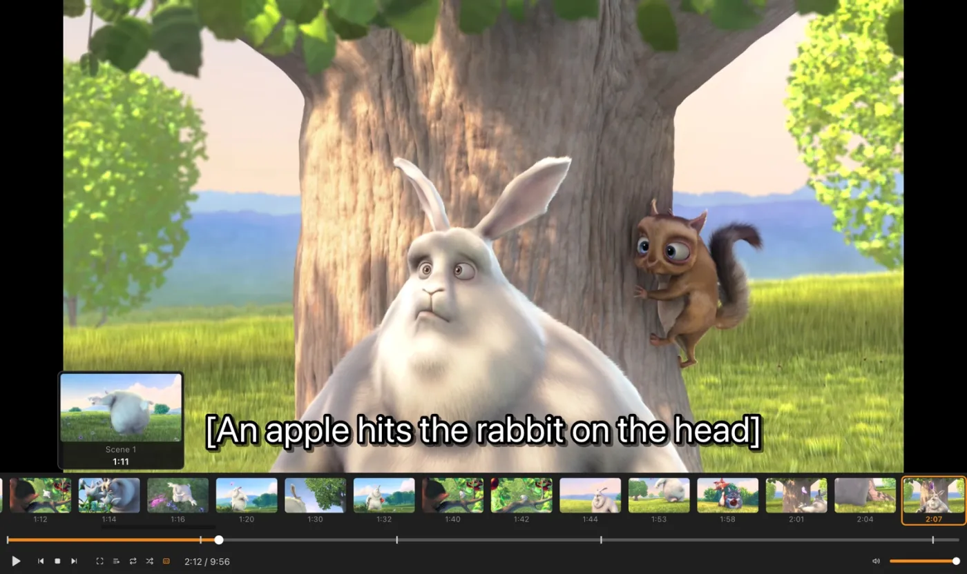 Reel playing Big Buck Bunny with captions, a strip of scene thumbnails and a seek-bar preview