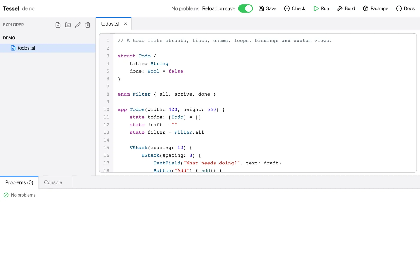 The Tessel IDE, itself written in Tessel: a file explorer, a code editor and a problems panel
